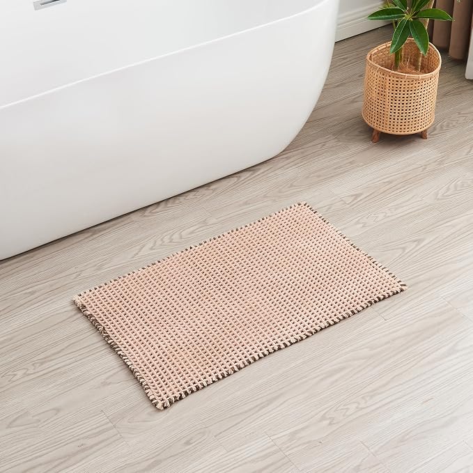 Douceur Waffle Bath mat for Bathroom Floor Non Slip, Super Soft Acrylic Blend Bath Rugs with Tassels, Quick Dry Bathroom Rugs Machine Washable, 24" x 36", Brown