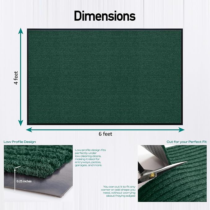 Durable Rubber Door Mat - Heavy Duty, Indoor/Outdoor, Easy Clean, Waterproof, Low-Profile Mat for Entry, Patio, Garage - Stylish (Green, 6' x 4' (Mud Trapper))