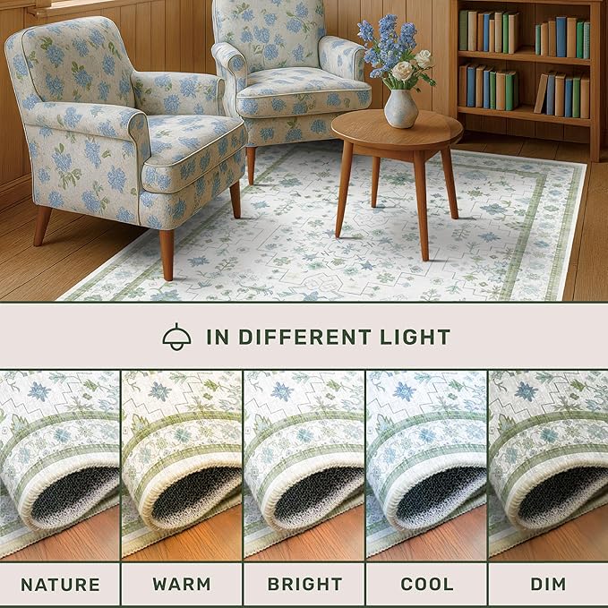 Blue and Green 4x6 Rugs for Small Living Room - Oushak Boho Pastel, Low Pile Non Slip Stain Resistant Throw Rug for Under Bed, Large Entryway, Kitchen, Floor Carpet Aesthetic Boys