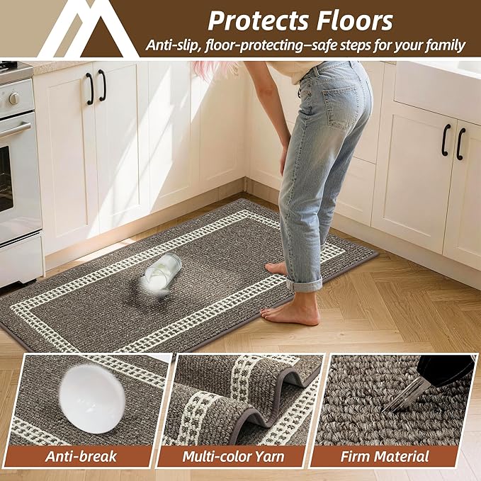 COSY HOMEER Kitchen Rugs Non-Slip 20x30/20x48 Inch Thick Polypropylene Standing Mat for Home Machine Washable, Brown