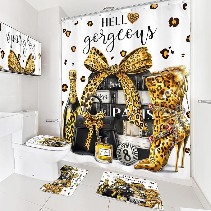 4Pcs Gold Black Leopard Shower Curtain Set, Luxury Cheetah Bathroom Curtain with Rug, Toilet Lid Cover, Bath Mat, Fashion Magazine Books Perfume High Heels Girly Shower Curtain with 12 Hooks