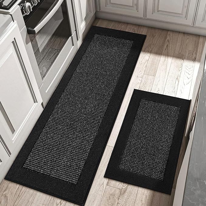 BEQHAUSE Kitchen Rugs and Mats Set of 2 Non-Slip Kitchen Mats for Floor, Absorbent and Stain Resistant Kitchen Runner, Machine Washable Rugs for Kitchen, Laundry & Sink, 20"x32"+20"x48", Black