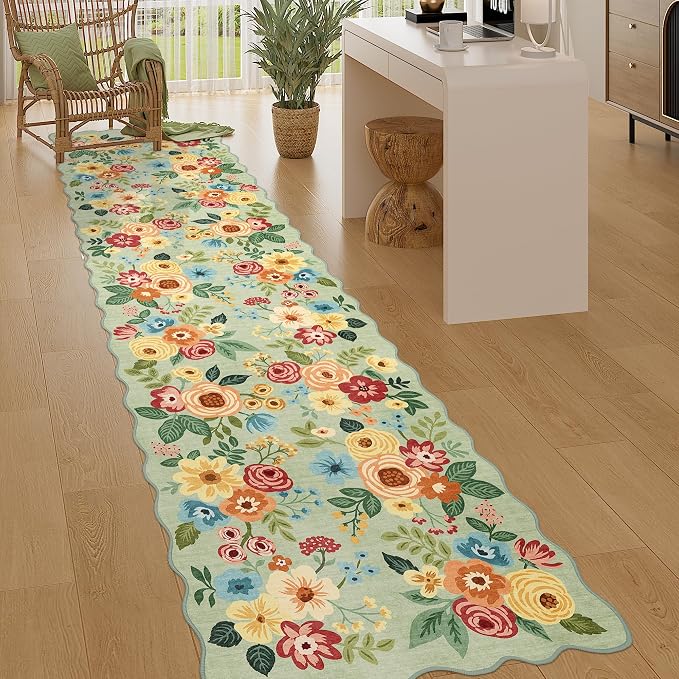 DUKINO 2.6x10 Runner Rug for Hallway, Lightweight Washable Floral Kitchen Rug with Non Shedding, Soft Low Pile & Non Slip Backing Boho Runner for Entryway, Bathroom, Laundry, Bedroom, Green