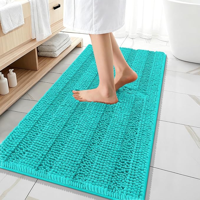 OLANLY Thick Bathroom Runner Rugs 47x20, Extra Absorbent Chenille Striped Bath Rugs, Rubber Backing, Machine Wash Dry, Long Bath Mats for Bathroom Floor, Tub and Shower, Home Decor Accessories, Teal