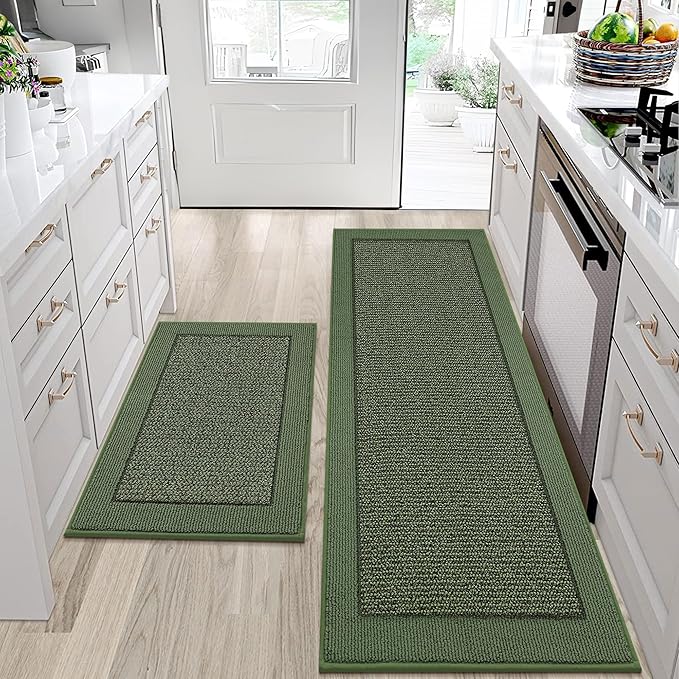 BEQHAUSE Kitchen Rugs and Mats Set of 2 Non-Slip Kitchen Mats for Floor, Absorbent and Stain Resistant Kitchen Runner, Machine Washable Rugs for Kitchen, Laundry & Sink, 24"x36"+24"x60", Green