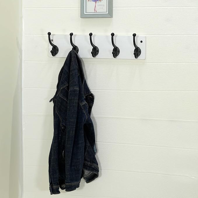 WEBI Rustic Coat Rack Wall Mount,5 Cast Iron Coat Hooks Wall Mounted,Heavy Duty Wall Coat Hanger Hooks for Hanging Coats,Clothes,Black on White,2 Packs