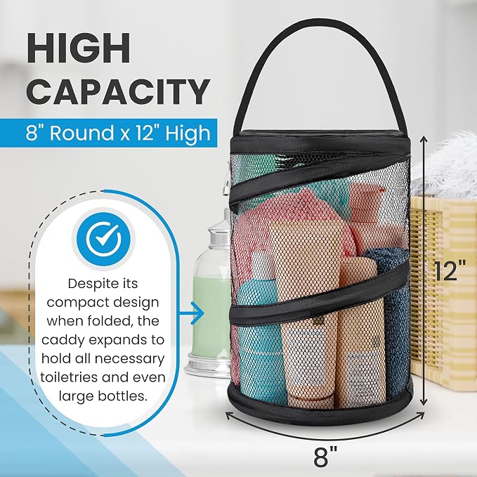 Handy Laundry Foldable Shower Caddy - Collapsible, Portable, Drainage Hole, Carry Handle, Large Compartments, Great Organizer for Camp, Travel, Gym, and Dorm (Black) (Pack of 2)