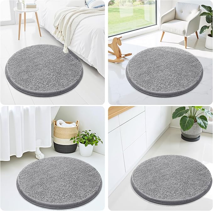 Smiry Luxury Chenille Round 24x24, Extra Soft and Absorbent Shaggy Bathroom Mat Rugs, Machine Washable, Non-Slip Plush Carpet for Tub, Shower, and Bath Room, Grey