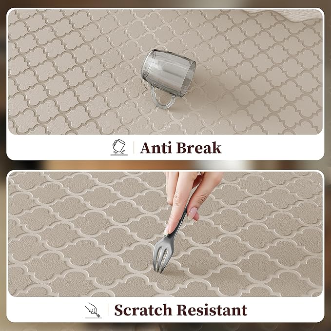 Arenarug Upgrade Scalloped Embossed Kitchen Mats for Floor 2PCS Cushioned Anti Fatigue Waterproof Foam Kitchen Rugs Non Slip Washable Comfort Standing Mat for Sink Laundry,17.3"x30"+17.3"x59",Khaki