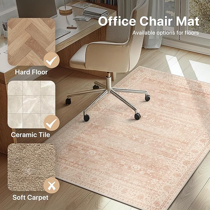 48"x60" Office Chair Mat for Hardwood Tile Floor, Under Desk Carpet Protector for Rolling Computer Chair Mat, Machine Washable Area Rug, Anti-Slip 1/5" Thick Low Pile Thin Vinyl Floor Mat, Dusty Pink