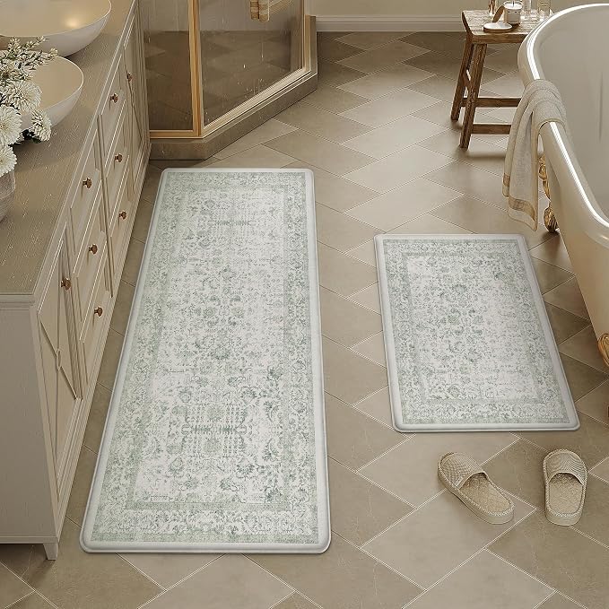 PureCozy Kitchen Mats 2PCS Anti Fatigue Cushioned Mat Light Green Vintage Kitchen Mats for Floor Waterproof Non Slip Comfort Standing Retro Floral Rug for Sink Laundry Office 17.3"x59"+17.3"x30"