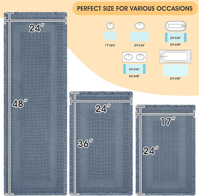 IM HOME Upgrade Waffle Bath Mat Set 3 Piece, Boho Bathroom Rugs Absorbent Non Slip, Soft Bathroom Mats, Machine Washable Knit Bath Rugs with Tassels for Bathroom, Bedroom, Kitchen, Shower, Tub, Blue