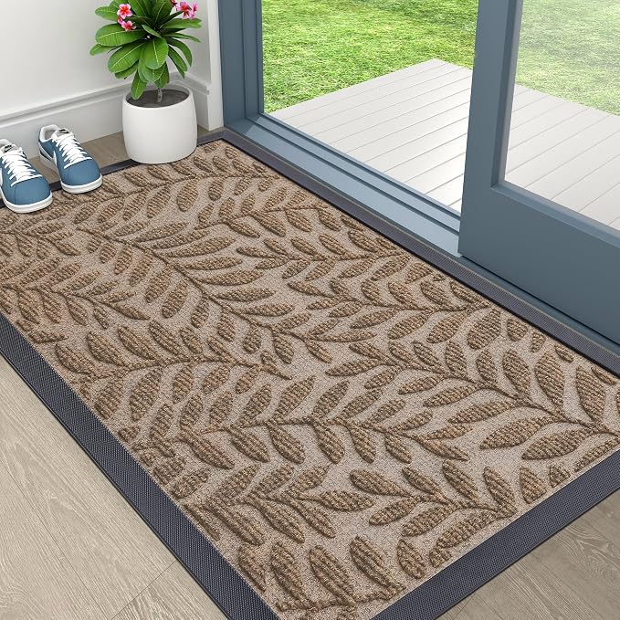 OLANLY Door Mat Indoor Outdoor Entrance, 29.5x17, Waterproof All-Weather All-Season Doormat, Sturdy Natural Rubber, Stain and Fade Resistant, Low Profile, Easy Clean Patio Entryway Mat, Light Brown