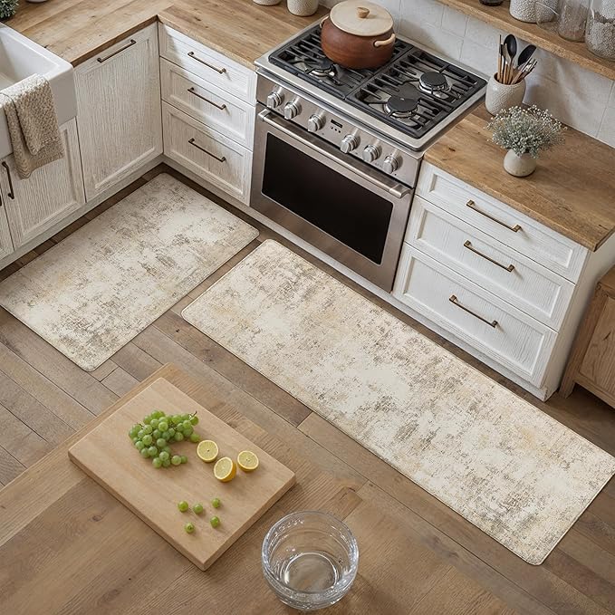 Kitchen Mats for Floor Set of 2 Anti Fatigue Waterproof Kitchen Rug Beige Grey Abstract Cushioned Non-Slip Kitchen Mats Comfort Standing Neutral Mat for Sink Laundry Office 17.3"×59"+17.3"×30"
