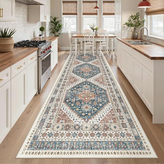Madane Hallway Rug 3x10, Kitchen Rugs Washable Entryway Rug Vintage Kitchen Runners Non Slip Indoor Area Rug Farmhouse Carpet Runner for Bathroom Living Room Bedroom, Navy Blue