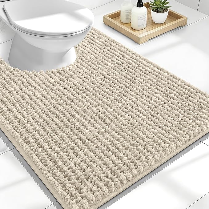OLANLY Thick Toilet Rugs U-Shaped 24x20, Extra Soft Absorbent Shaggy Chenille Contour Bathroom Rugs for Toilet, Dry Quickly, Machine Washable, Non-Slip Bath Mat, Sand