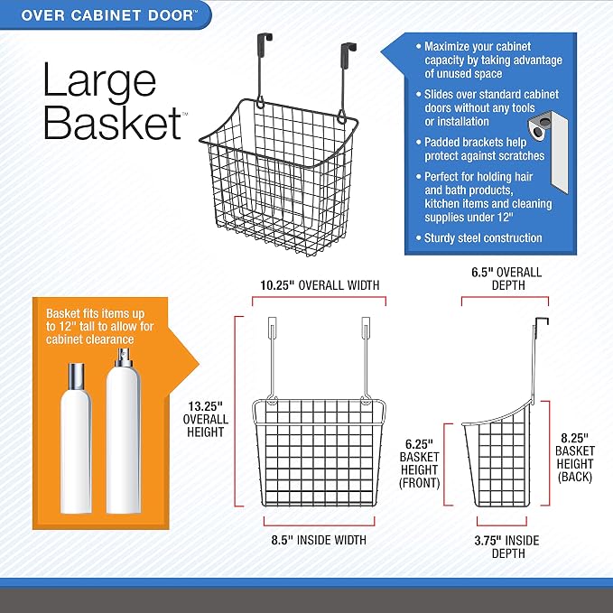 Spectrum Grid Over the Cabinet Wire Storage Basket Large (Satin Nickel Powder Coat) - Organizer for Bathroom, Kitchen, Under Sink, Pantry, Hair Tools, & More (Pack of 2)