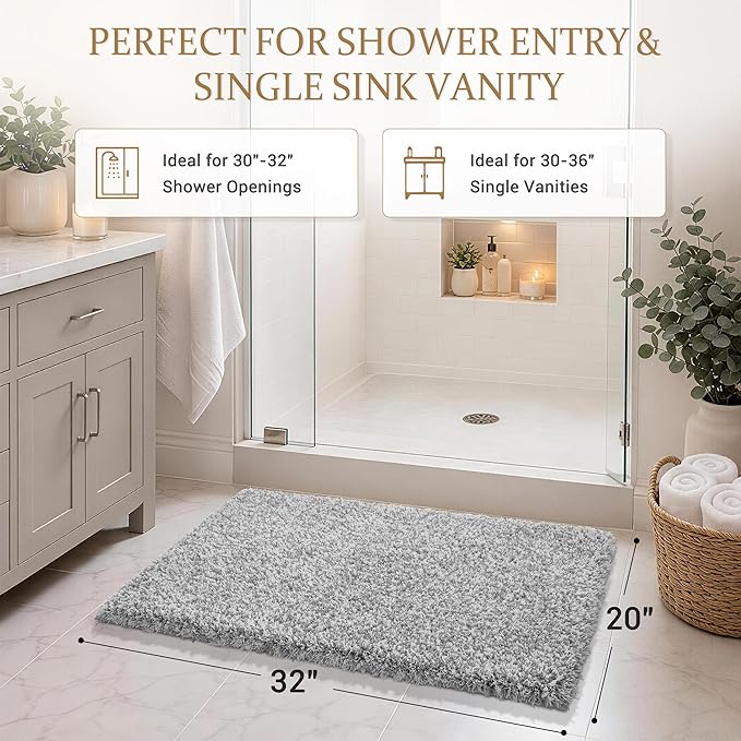 Yimobra Bathroom Rugs Non Slip Washable 32X20, Ultra Soft and Water Absorbent Bath Mats, Plush Fluffy Shower Mat Outside, Microfiber Thick Matts for Bathroom Floor/Tub, Light Gray and White