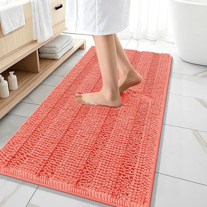 OLANLY Thick Bathroom Runner Rugs 47x20, Extra Absorbent Chenille Striped Bath Rugs, Rubber Backing, Machine Wash Dry, Long Bath Mats for Bathroom Floor, Tub and Shower, Home Decor Accessories, Coral
