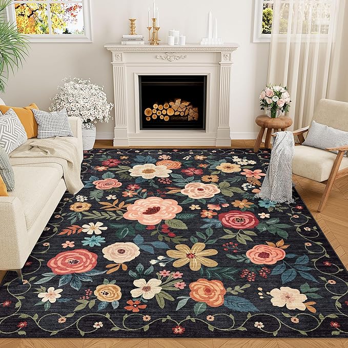 DUKINO 9x12 Area Rug, Floral Rugs for Living Room, Lightweight Non Slip Washable Rug, Indoor Low Pile & Non-Shedding Boho Design Rugs for Bedroom, Living Room, Dining Room, Black