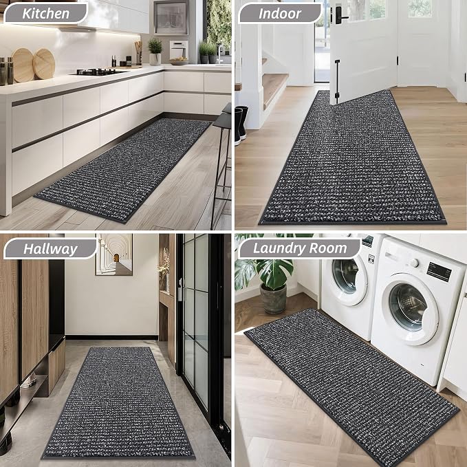 BEQHAUSE Dirt Trapper Door Mat 20" x 48", Non-Slip Washable Doormats Entrance Mat, Dirt Resistant and Absorbent Welcome Mat, Low Profile Floor Mats for Front Back Door and Entryway, Charcoal