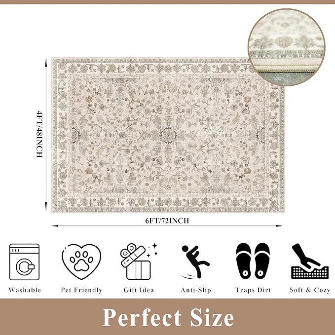 Washable 4x6 Kitchen Rug Non-Slip – Soft Stain-Resistant Low-Pile Indoor Floor Mat for Entryway Bedroom Living Room – Vintage Accent Area Rug (Beige, 4x6)