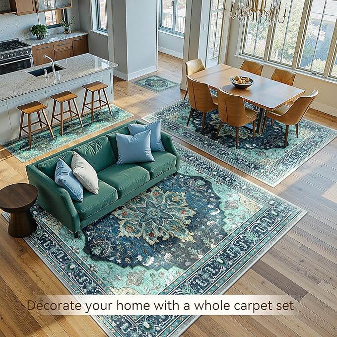 RELEANY Area Rugs 8'x10' Washable Non-Slip, Floral Vintage Distress Medallion Carpet for Living Room Bedroom Dining Room, Teal Green Lake Blue Turquoise