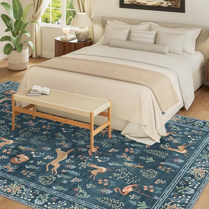 DUKINO 8x10 Rug, Washable Animal Living Room Rug with Non Slip Vintage Design, Soft Low Pile Large Carpet for Bedroom, Nursery, Dining Room, Farmhouse, Playroom, Blue