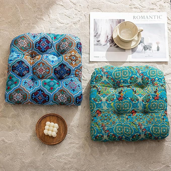 vctops Boho Geometric Chair Cushions with Ties U-Shaped Soft Cozy Cotton Linen Chair Pads Non Slip Seat Cushions for Indoor Dining Room and Kitchen Chairs (Blue,16"x16")
