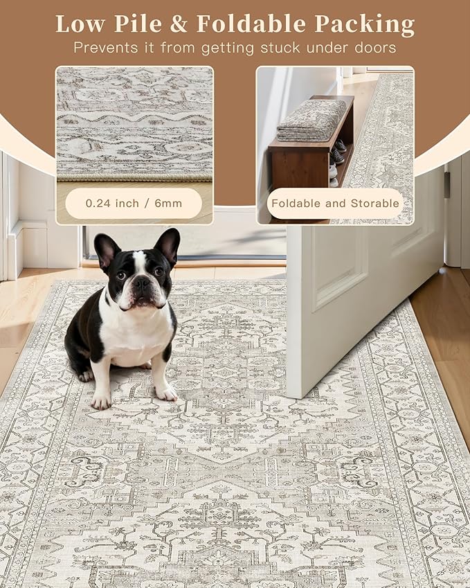 Madane 5x7 Area Rugs for Living Room, Stain Resistant Washable Rug, Non-Slip Backing Area Rug, Vintage Home Decor Rug for Bedroom (Beige/Brown, 5'x7')