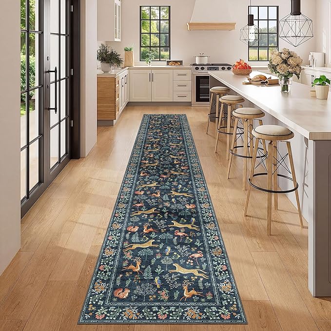 DUKINO 2x12 Washable Runner Rug, Ultra Soft Vintage Animal Runner Rug for Hallway, Lightweight Non Slip & Non Shedding Long Carpet for Kitchen, Laundry Room, Bathroom, Bedroom, Entrance, Navy Blue