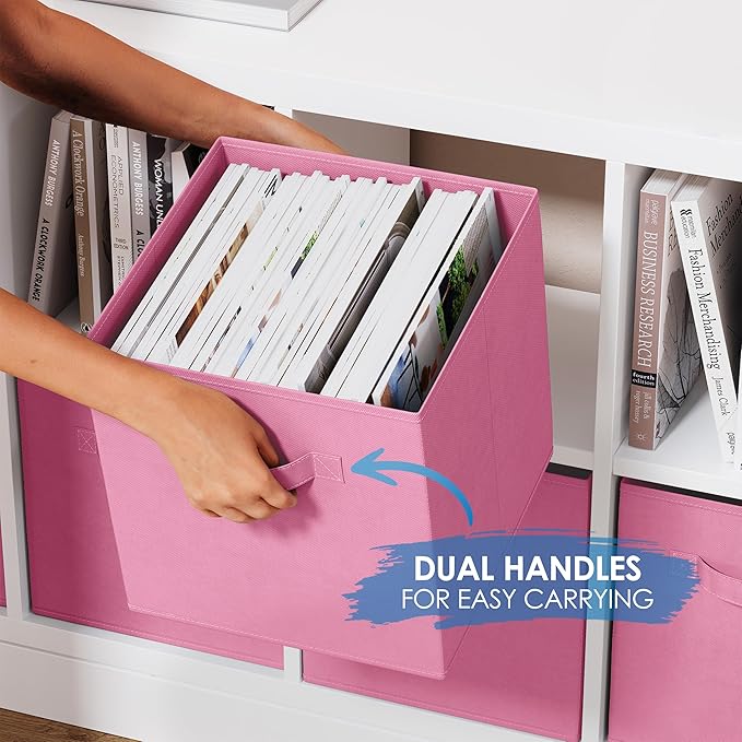 Storage Cubes - 11 Inch Cube Storage Bins (Set of 8). Fabric Cubby Organizer Baskets with Dual Handles | Foldable Closet Shelf Organization Boxes (Light Pink)
