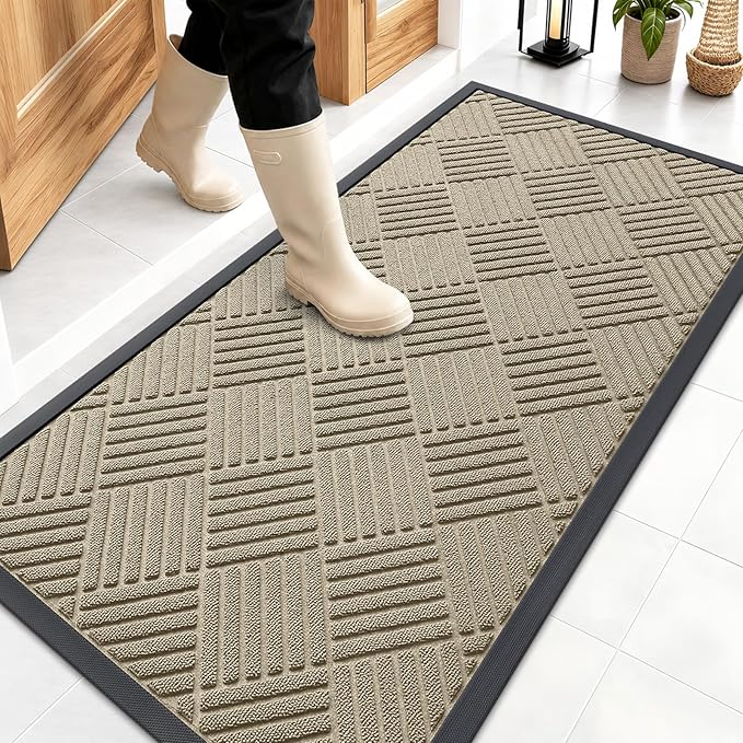 OLANLY Front Door Mat Outside Entrance 47x23, Absorbent, Heavy Duty Sturdy Natural Rubber Doormat Indoor Outdoor, Stain and Fade Resistant, Non-Slip Low Profile Floor Mat for Entryway, Beige Diamond