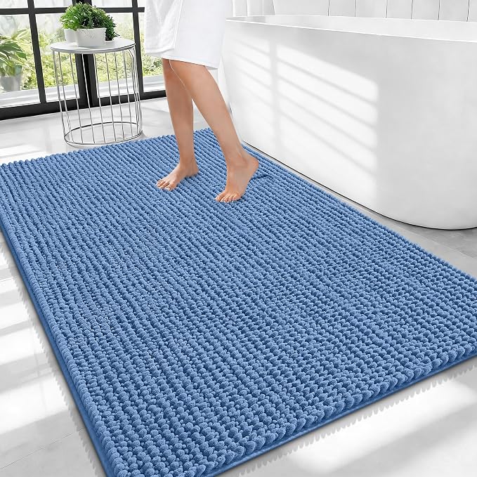 OLANLY Thick Large Bathroom Rugs 40x32, Extra Soft Absorbent Chenille Bath Rugs, Rubber Backing, Machine Wash Dry, Bath Mats for Bathroom Floor, Tub and Shower, Home Decor Accessories, Cornflower Blue