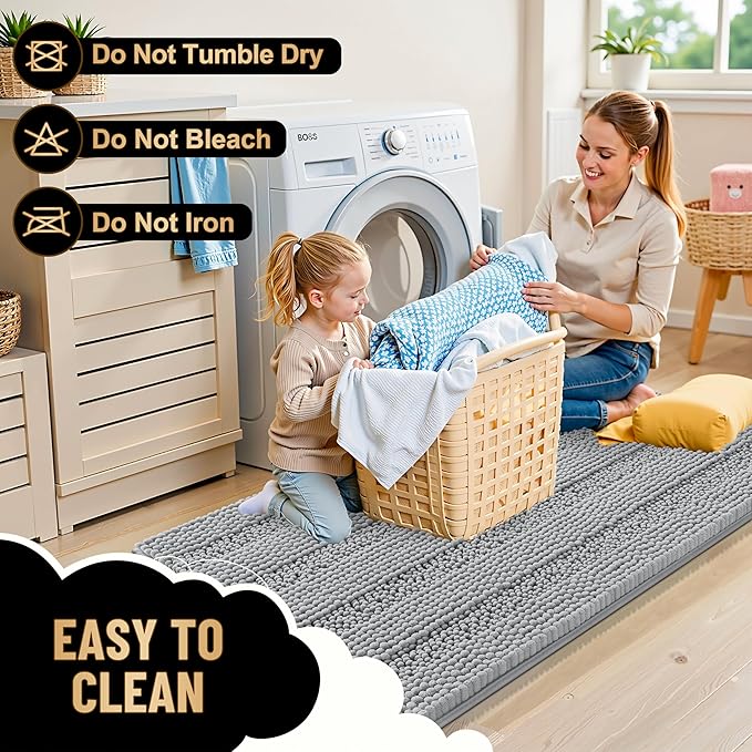 OLANLY Thick Bathroom Runner Rugs 47x24, Extra Absorbent Chenille Striped Bath Rugs, Rubber Backing, Machine Wash Dry, Long Bath Mats for Bathroom, Tub and Shower, Home Decor Accessories, Light Grey