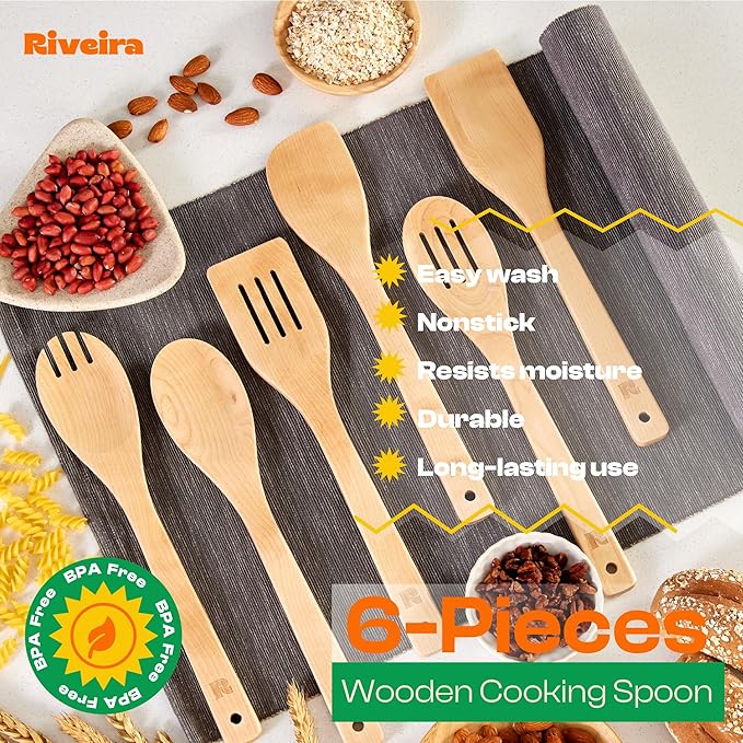 Riveira Maple Wooden Spoons for Cooking Set of 6 – Natural Maple Wooden Cooking Utensils, Wooden Spatula, Wooden Spoon - Premium Quality Utensil Set for Non-Toxic Cooking