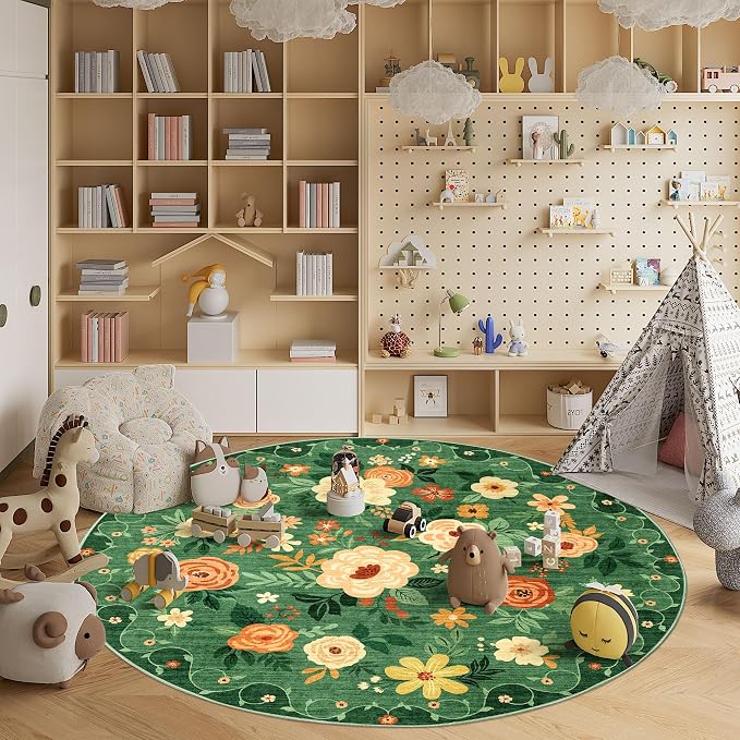 DUKINO Floral Round Rug, 6ft Washable Circle Rug, Non Slip Indoor Low Pile Circle Rug, Soft Small Boho Design Carpet for Bedroom, Entryway, Living Room, Dining Room, Dark Green