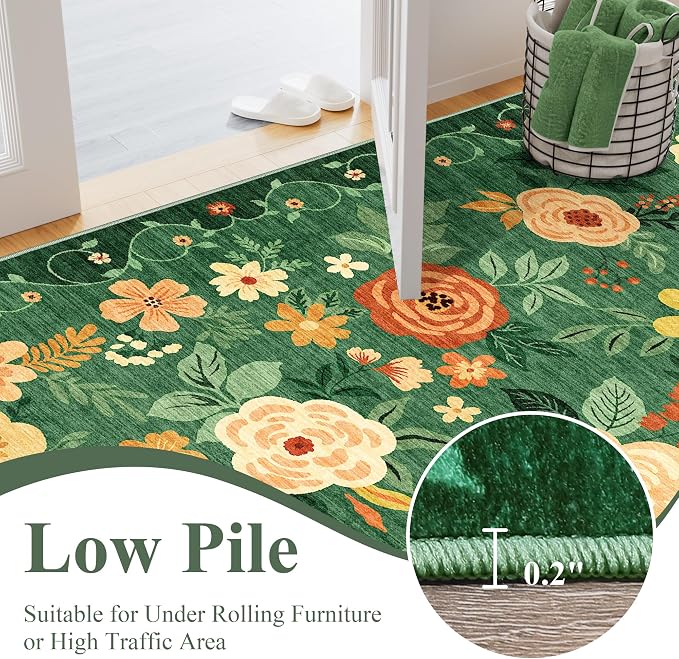 DUKINO 2x6 Runner Rug for Hallway, Washable Kitchen Runner Rug with Non Slip Backing, Low Pile Soft Boho Floral Runner for Kitchen, Hallway, Entryway, Laundry, Bedroom, Dark Green
