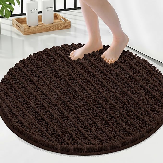 Smiry Bathroom Rugs Mat Round 24x24, Soft Absorbent Chenille Bath Rugs, Non Slip Rubber Backing Machine Washable Quick Dry Bath Mats for Bathroom Floor, Tub, Shower, Home Accessories, Brown