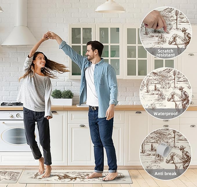 Western Kitchen Mat Rugs Set of 2 Aztec Anti Fatigue Non-Slip Kitchen mats for Floor Western Country Cactus Theme PVC Comfort Mat Floor Rugs Decor Office Front Door Sink 17.3x28+17.3X 47 inches