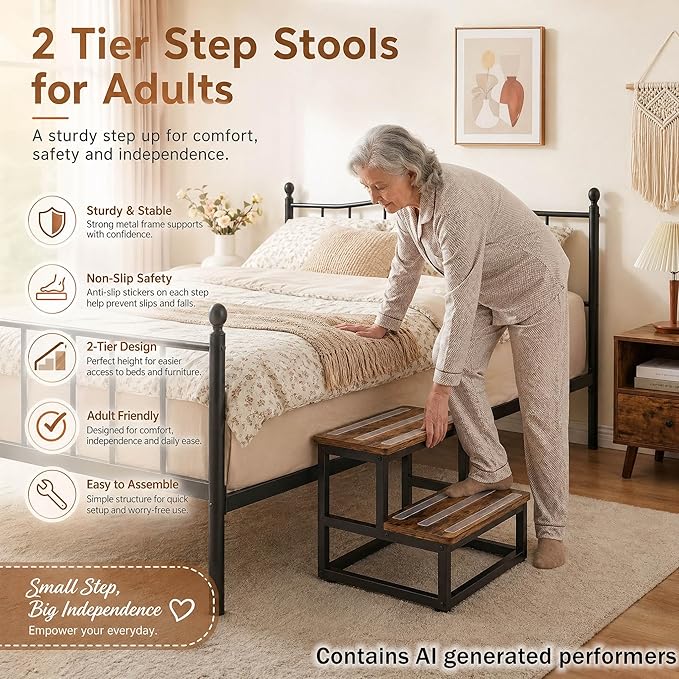 2 Tier Step Stools for Adults with Non-Slip Stickers, Heavy Duty Bed Steps for High Beds,Kitchen Step Stool, Step Stool for RV