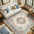 RELEANY Area Rugs Square 6ft Washable Non-Slip, Floral Vintage Distress Medallion Carpet for Living Room Bedroom Dining Room, Beige Navy Blue Orange Colorful