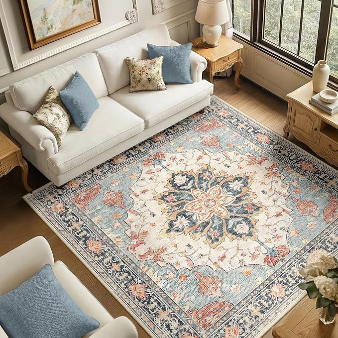 RELEANY Area Rugs Square 6ft Washable Non-Slip, Floral Vintage Distress Medallion Carpet for Living Room Bedroom Dining Room, Beige Navy Blue Orange Colorful