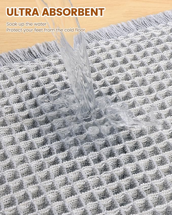 Smiry Waffle Bath Mat 60x24, Extra Soft Absorbent Bathroom Rugs, Non Slip Machine Washable Quick Dry Bath Rugs for Bathroom Floor, Tub, Shower, Home Decor Accessories, Lightgrey & Cream