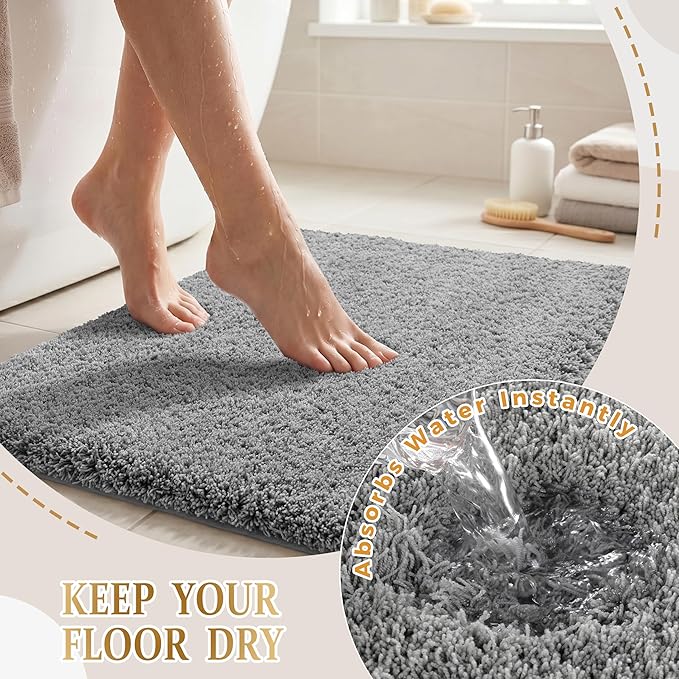 Yimobra Fluffy Plush Bath Rug, Super Shaggy Soft Comfortable Non Slip, Water Absorbent Microfiber Bath Mat, Dries Quickly, Machine Washable Thick Bathroom Rugs for Shower, 70" X 24", Pure Gray