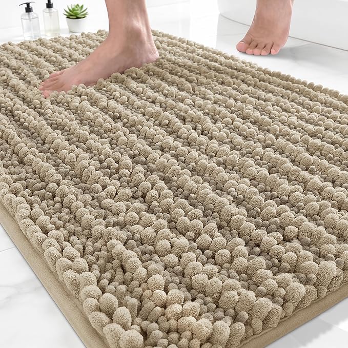 Yimobra Bathroom Rugs Non Slip Washable 24x17 Inch - Ultra Soft Absorbent Chenille Bath Mat, Quick Dry Shaggy Floor Carpet for Tub Shower, Camel Home Decor Accessories