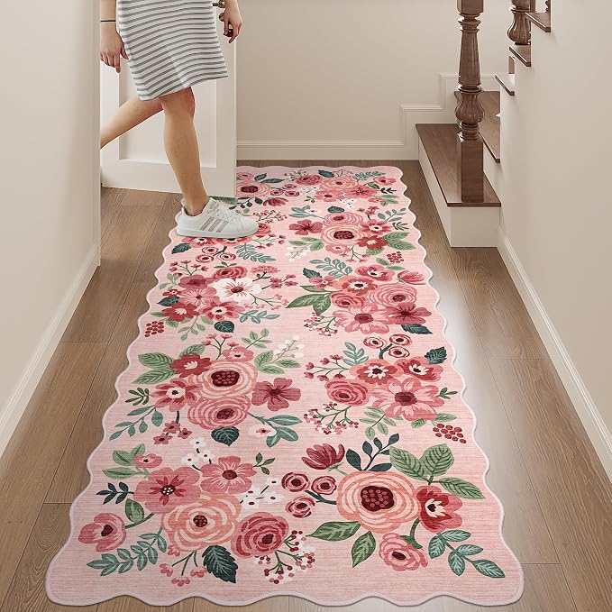DUKINO 2x5 Washable Runner Rugs, Non Slip Floral Print Entryway Rug with Soft Low Pile, Lightweight Mat for Living Room, Bathroom, Bedroom, Kitchen, Pink