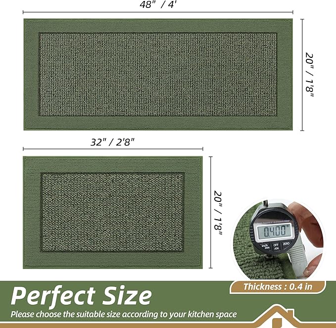 BEQHAUSE Kitchen Rugs and Mats Set of 2 Non-Slip Kitchen Mats for Floor, Absorbent and Stain Resistant Kitchen Runner, Machine Washable Rugs for Kitchen, Laundry & Sink, 20"x32"+20"x48", Green
