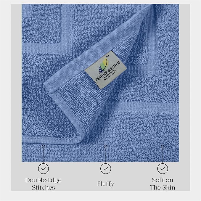 Feather & Stitch 2 Piece Towel Like Bath Mats (30x21 Inch) 100% Cotton Terry Bath Mats, Bathroom Shower Floor Mats [NOT A Bathroom Rug], Soft Absorbent Washable Mats - Faded Denim