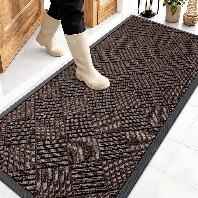 OLANLY Front Door Mat Outside Entrance 59x23, Absorbent, Heavy Duty Sturdy Natural Rubber Doormat Indoor Outdoor, Stain and Fade Resistant, Non-Slip Low Profile Floor Mat for Entryway, Brown Diamond